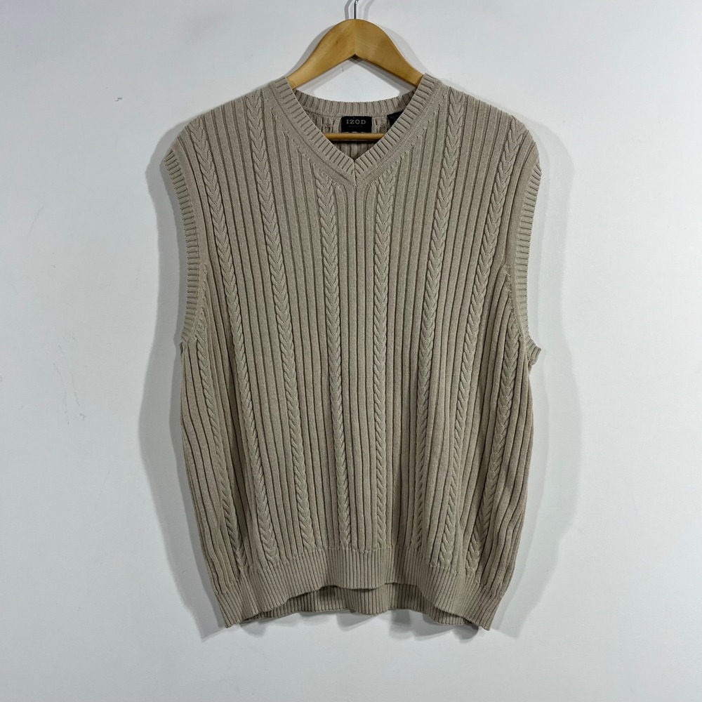IZOD Old Money Preppy Academia Cable Knit Cotton V-Neck Sweater Vest Mens Large
